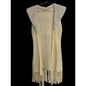 SHEIN Prive Women's Crochet Knit Cardigan with Faux Fur Collar Crochet Tassels.